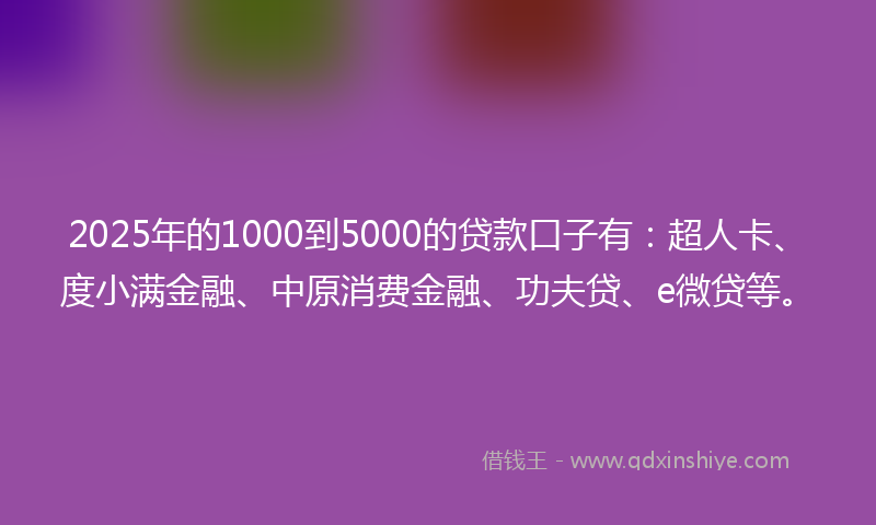 2025年的1000到5000的贷款口子有：超人卡、度小满金融、中原消费金融、功夫贷、e微贷等。