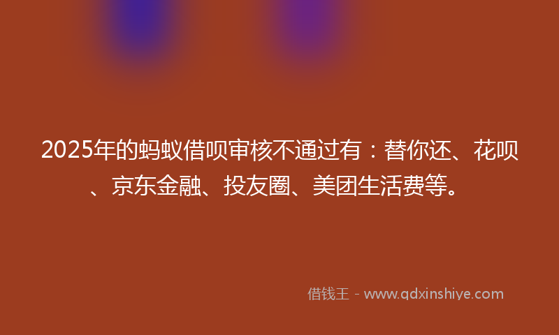 2025年的蚂蚁借呗审核不通过有：替你还、花呗、京东金融、投友圈、美团生活费等。