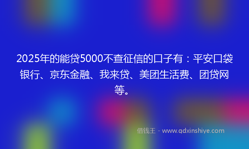 2025年的能贷5000不查征信的口子有：平安口袋银行、京东金融、我来贷、美团生活费、团贷网等。