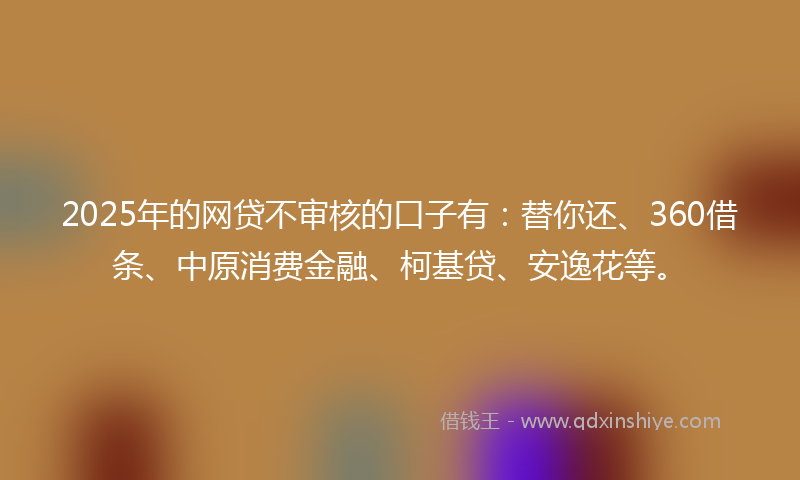 2025年的网贷不审核的口子有：替你还、360借条、中原消费金融、柯基贷、安逸花等。