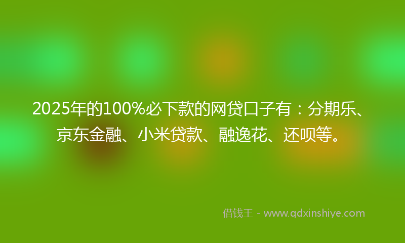 2025年的100%必下款的网贷口子有：分期乐、京东金融、小米贷款、融逸花、还呗等。