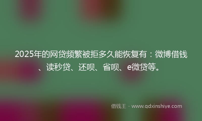 2025年的网贷频繁被拒多久能恢复有：微博借钱、读秒贷、还呗、省呗、e微贷等。
