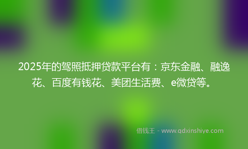 2025年的驾照抵押贷款平台有：京东金融、融逸花、百度有钱花、美团生活费、e微贷等。