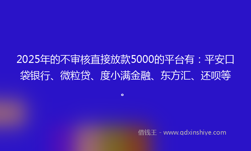 2025年的不审核直接放款5000的平台有：平安口袋银行、微粒贷、度小满金融、东方汇、还呗等。