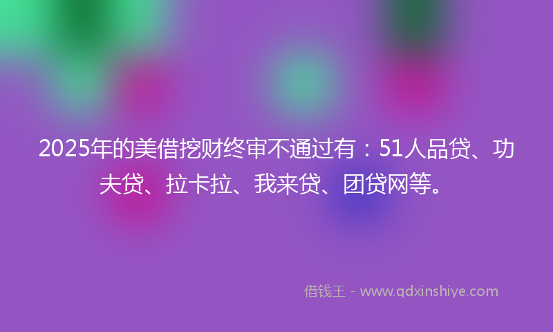 2025年的美借挖财终审不通过有：51人品贷、功夫贷、拉卡拉、我来贷、团贷网等。