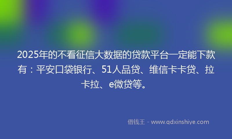 2025年的不看征信大数据的贷款平台一定能下款有：平安口袋银行、51人品贷、维信卡卡贷、拉卡拉、e微贷等。