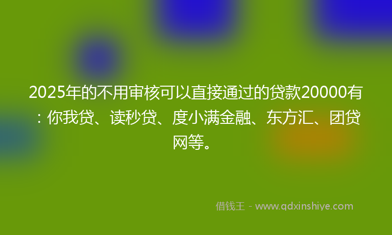 2025年的不用审核可以直接通过的贷款20000有：你我贷、读秒贷、度小满金融、东方汇、团贷网等。