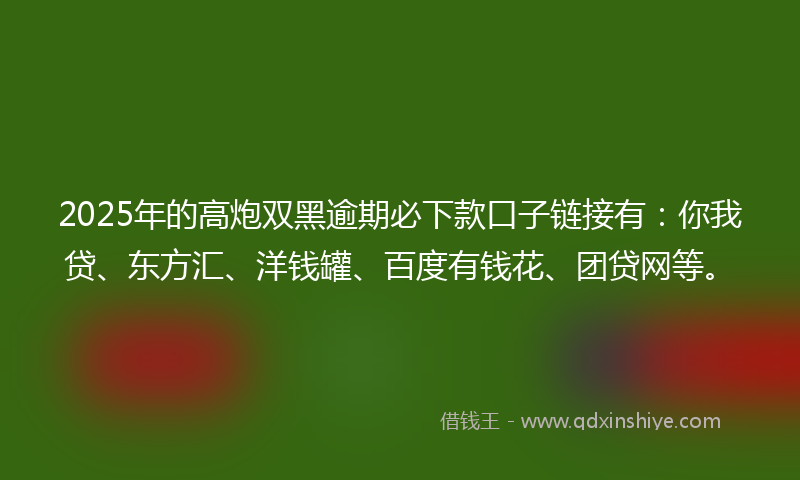2025年的高炮双黑逾期必下款口子链接有：你我贷、东方汇、洋钱罐、百度有钱花、团贷网等。