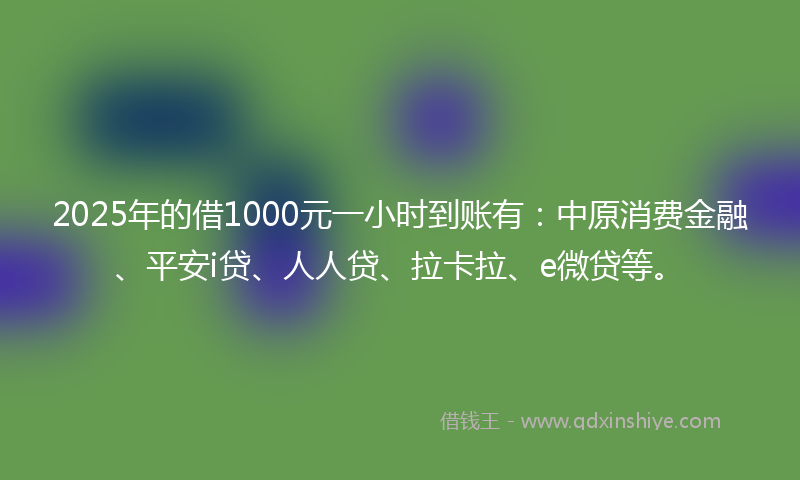 2025年的借1000元一小时到账有：中原消费金融、平安i贷、人人贷、拉卡拉、e微贷等。