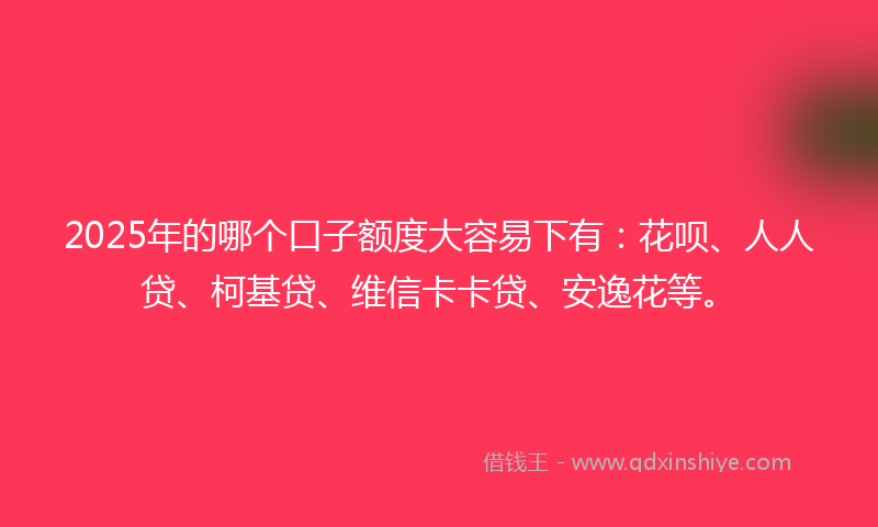 2025年的哪个口子额度大容易下有：花呗、人人贷、柯基贷、维信卡卡贷、安逸花等。