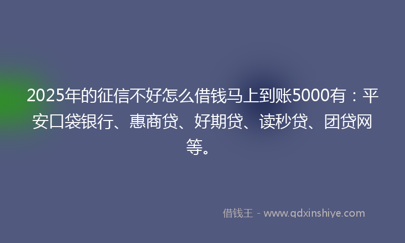 2025年的征信不好怎么借钱马上到账5000有：平安口袋银行、惠商贷、好期贷、读秒贷、团贷网等。