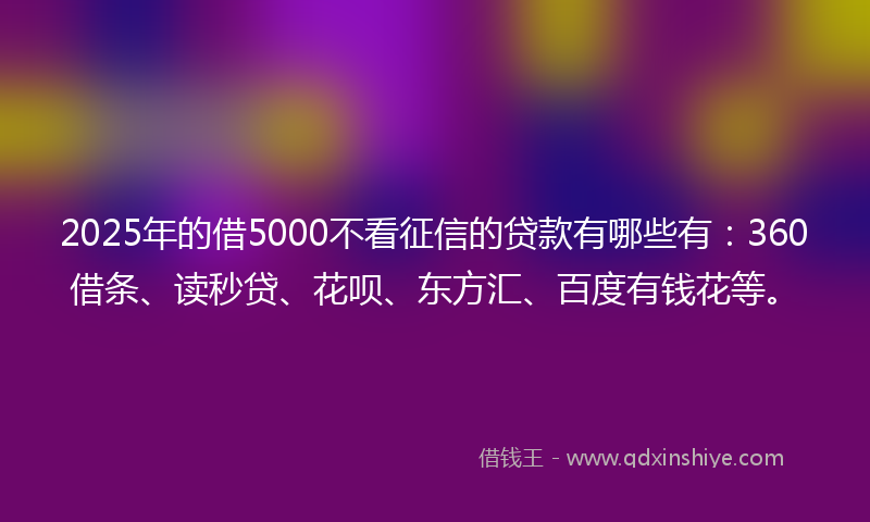 2025年的借5000不看征信的贷款有哪些有：360借条、读秒贷、花呗、东方汇、百度有钱花等。