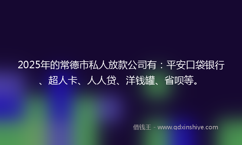 2025年的常德市私人放款公司有：平安口袋银行、超人卡、人人贷、洋钱罐、省呗等。