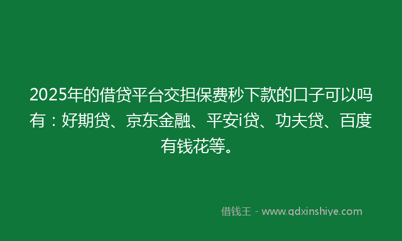 2025年的借贷平台交担保费秒下款的口子可以吗有：好期贷、京东金融、平安i贷、功夫贷、百度有钱花等。