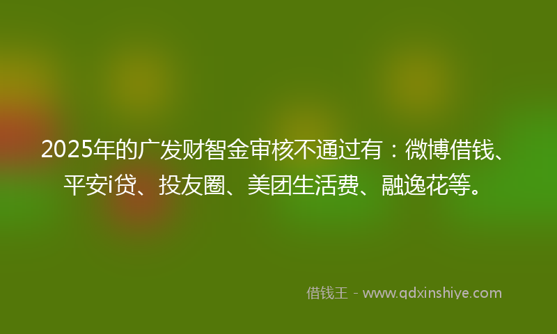 2025年的广发财智金审核不通过有：微博借钱、平安i贷、投友圈、美团生活费、融逸花等。
