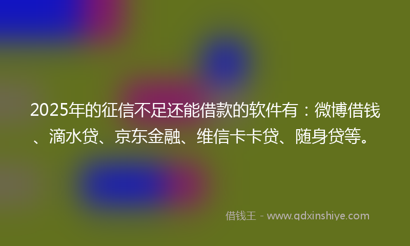 2025年的征信不足还能借款的软件有：微博借钱、滴水贷、京东金融、维信卡卡贷、随身贷等。