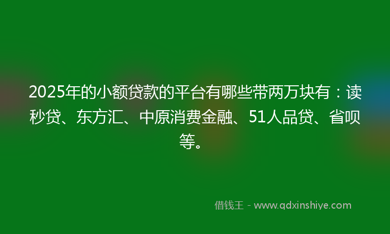 2025年的小额贷款的平台有哪些带两万块有：读秒贷、东方汇、中原消费金融、51人品贷、省呗等。