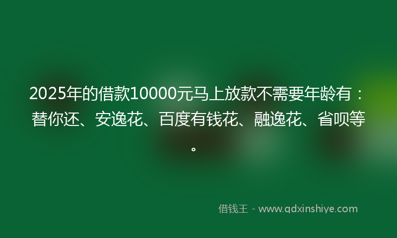 2025年的借款10000元马上放款不需要年龄有：替你还、安逸花、百度有钱花、融逸花、省呗等。