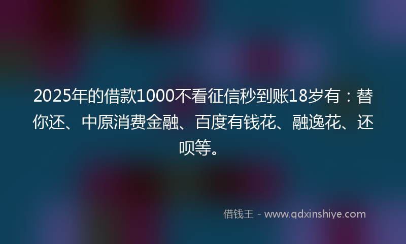 2025年的借款1000不看征信秒到账18岁有：替你还、中原消费金融、百度有钱花、融逸花、还呗等。