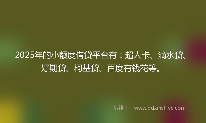 2025年的小额度借贷平台有：超人卡、滴水贷、好期贷、柯基贷、百度有钱花等。