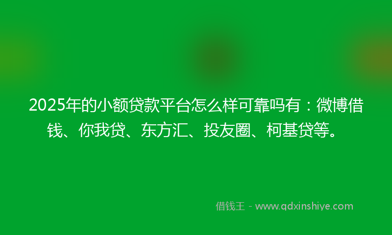 2025年的小额贷款平台怎么样可靠吗有：微博借钱、你我贷、东方汇、投友圈、柯基贷等。