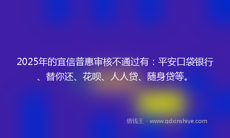 2025年的宜信普惠审核不通过有：平安口袋银行、替你还、花呗、人人贷、随身贷等。