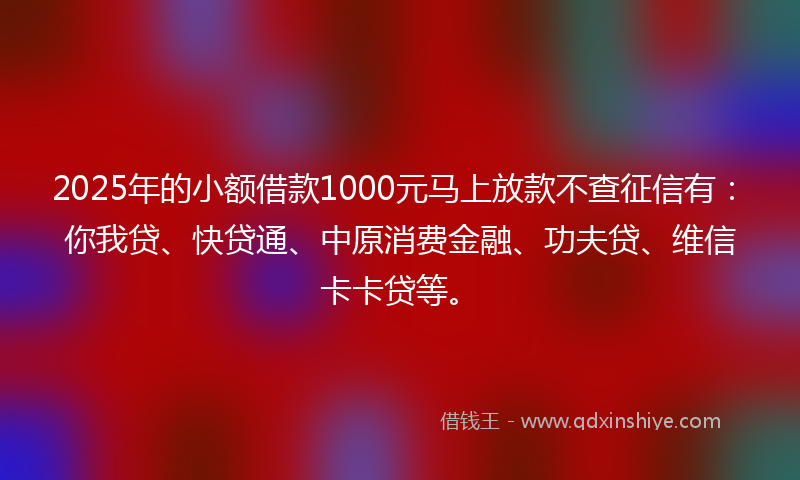 2025年的小额借款1000元马上放款不查征信有：你我贷、快贷通、中原消费金融、功夫贷、维信卡卡贷等。