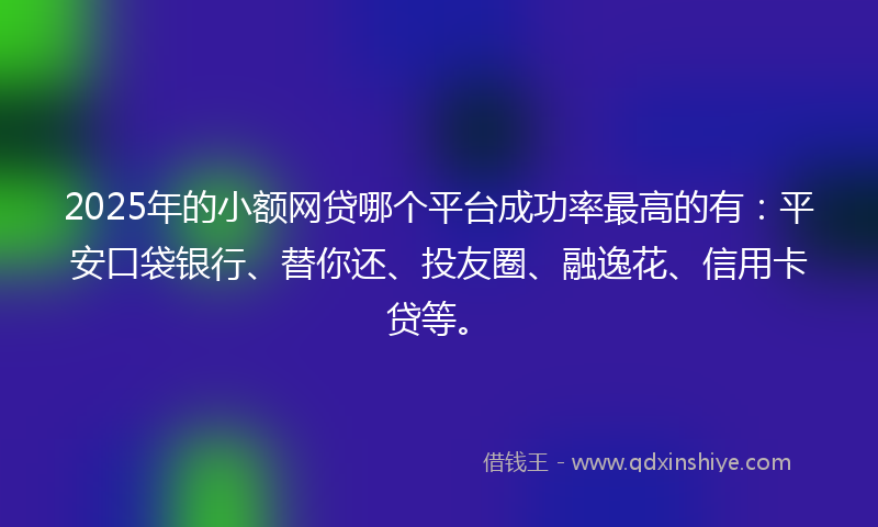 2025年的小额网贷哪个平台成功率最高的有：平安口袋银行、替你还、投友圈、融逸花、信用卡贷等。