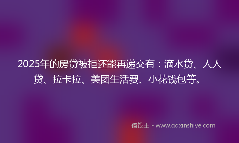 2025年的房贷被拒还能再递交有：滴水贷、人人贷、拉卡拉、美团生活费、小花钱包等。