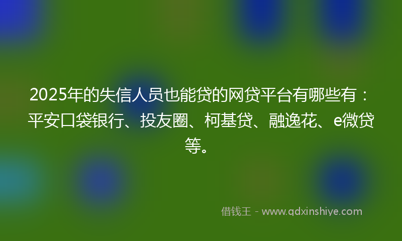 2025年的失信人员也能贷的网贷平台有哪些有：平安口袋银行、投友圈、柯基贷、融逸花、e微贷等。