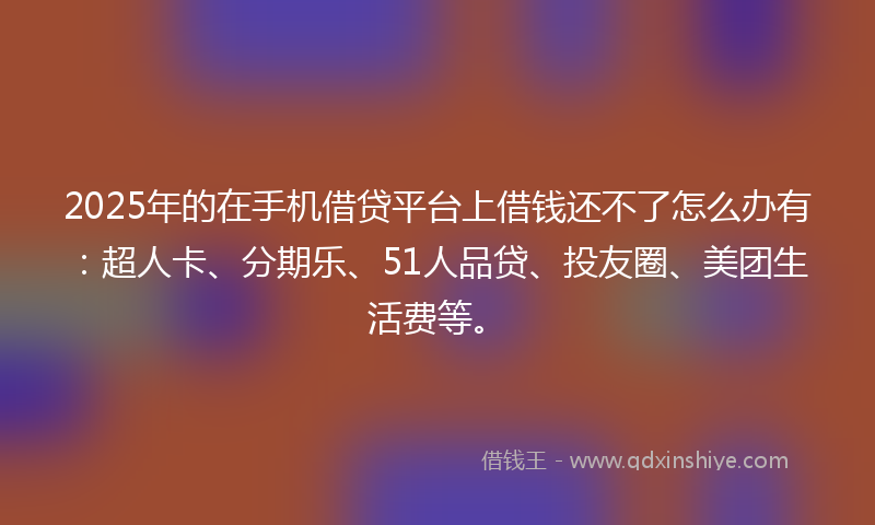 2025年的在手机借贷平台上借钱还不了怎么办有：超人卡、分期乐、51人品贷、投友圈、美团生活费等。