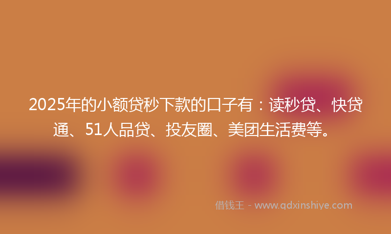 2025年的小额贷秒下款的口子有：读秒贷、快贷通、51人品贷、投友圈、美团生活费等。