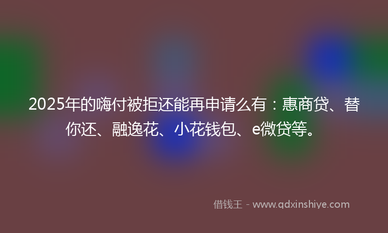 2025年的嗨付被拒还能再申请么有：惠商贷、替你还、融逸花、小花钱包、e微贷等。