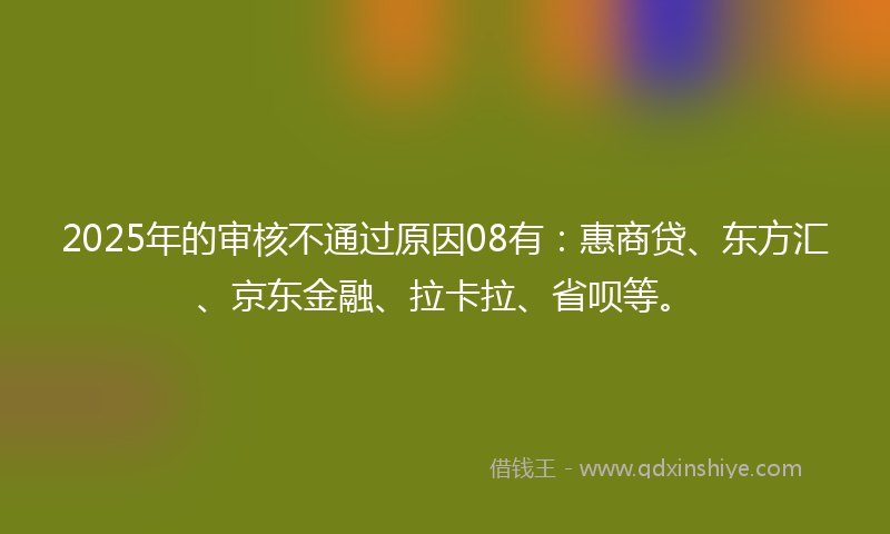 2025年的审核不通过原因08有：惠商贷、东方汇、京东金融、拉卡拉、省呗等。
