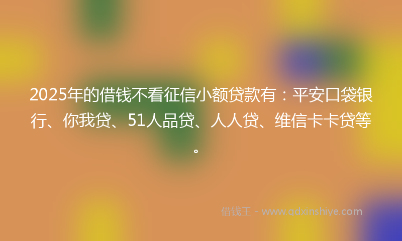 2025年的借钱不看征信小额贷款有：平安口袋银行、你我贷、51人品贷、人人贷、维信卡卡贷等。