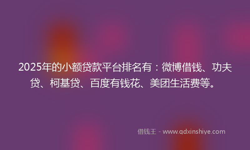 2025年的小额贷款平台排名有：微博借钱、功夫贷、柯基贷、百度有钱花、美团生活费等。