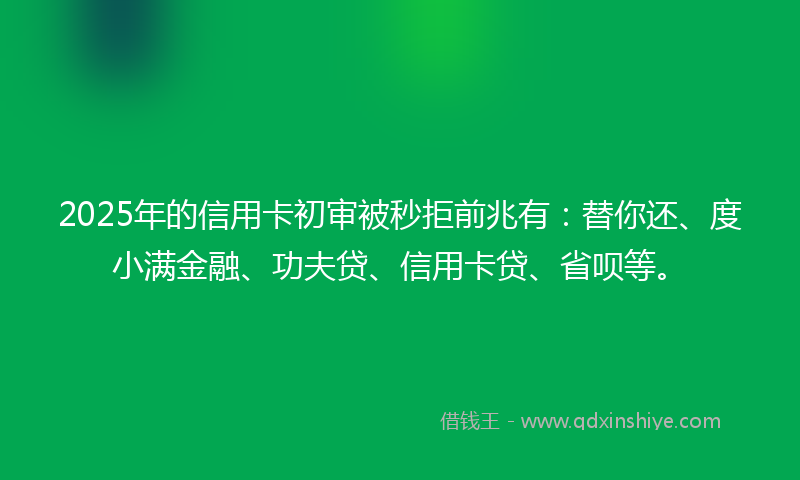 2025年的信用卡初审被秒拒前兆有：替你还、度小满金融、功夫贷、信用卡贷、省呗等。