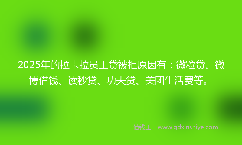 2025年的拉卡拉员工贷被拒原因有：微粒贷、微博借钱、读秒贷、功夫贷、美团生活费等。
