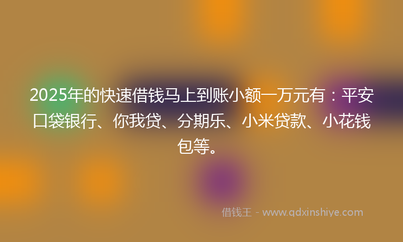 2025年的快速借钱马上到账小额一万元有：平安口袋银行、你我贷、分期乐、小米贷款、小花钱包等。