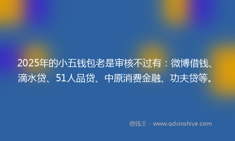 2025年的小五钱包老是审核不过有：微博借钱、滴水贷、51人品贷、中原消费金融、功夫贷等。