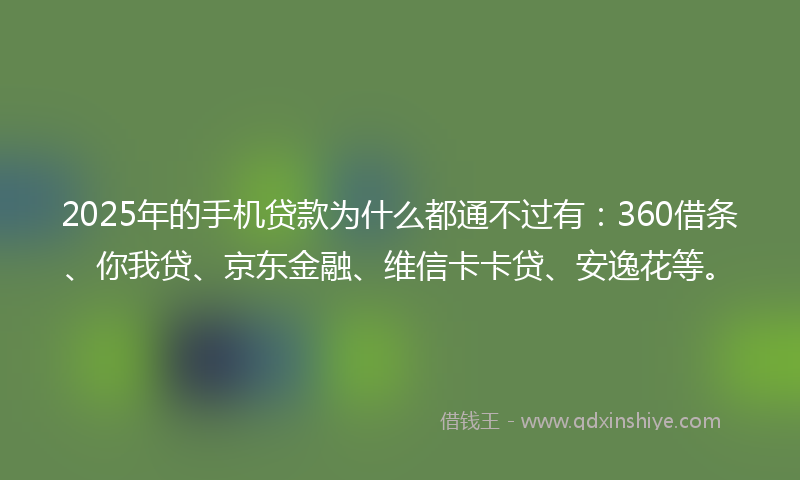 2025年的手机贷款为什么都通不过有：360借条、你我贷、京东金融、维信卡卡贷、安逸花等。