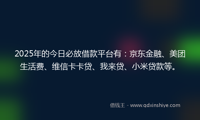 2025年的今日必放借款平台有：京东金融、美团生活费、维信卡卡贷、我来贷、小米贷款等。