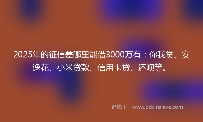 2025年的征信差哪里能借3000万有：你我贷、安逸花、小米贷款、信用卡贷、还呗等。