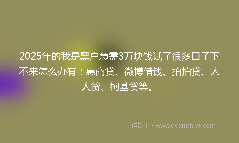 2025年的我是黑户急需3万块钱试了很多口子下不来怎么办有：惠商贷、微博借钱、拍拍贷、人人贷、柯基贷等。
