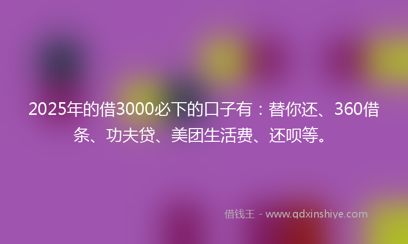 2025年的借3000必下的口子有：替你还、360借条、功夫贷、美团生活费、还呗等。