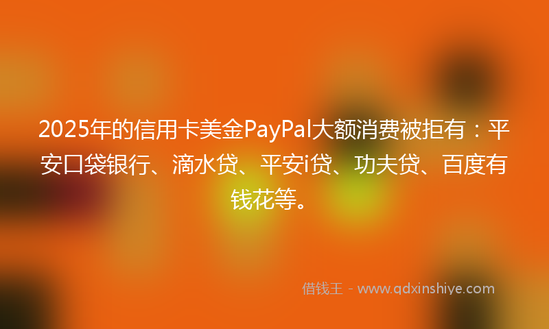 2025年的信用卡美金PayPal大额消费被拒有：平安口袋银行、滴水贷、平安i贷、功夫贷、百度有钱花等。