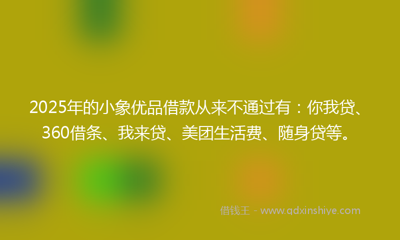2025年的小象优品借款从来不通过有：你我贷、360借条、我来贷、美团生活费、随身贷等。