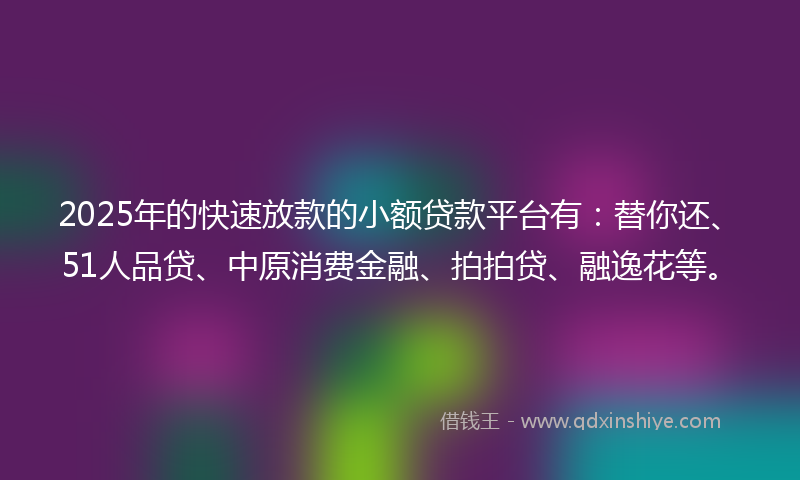 2025年的快速放款的小额贷款平台有：替你还、51人品贷、中原消费金融、拍拍贷、融逸花等。