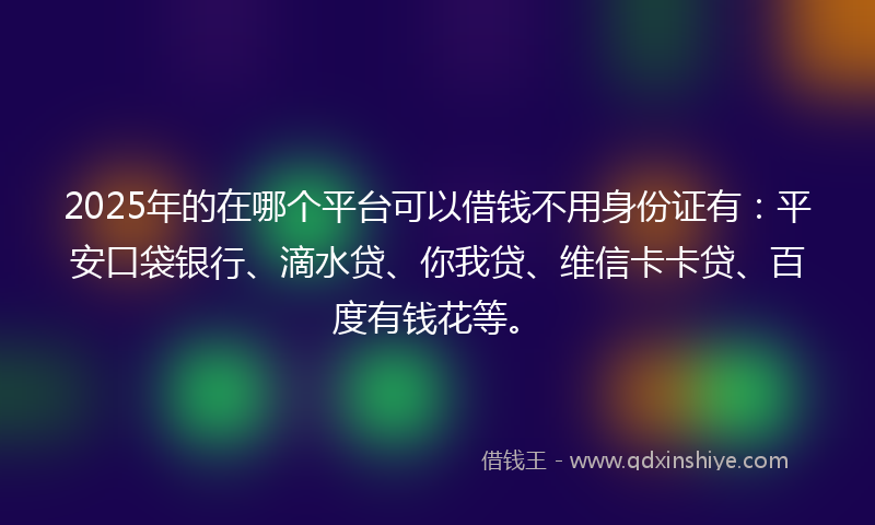 2025年的在哪个平台可以借钱不用身份证有：平安口袋银行、滴水贷、你我贷、维信卡卡贷、百度有钱花等。