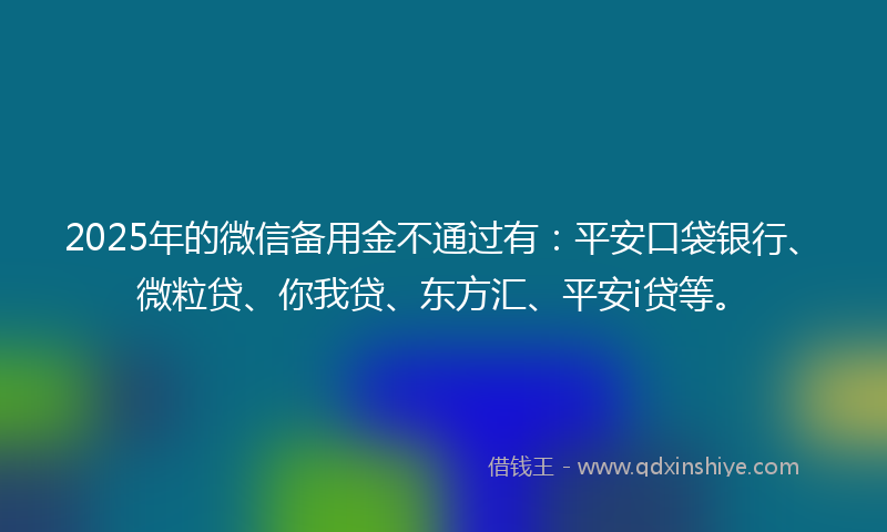 2025年的微信备用金不通过有：平安口袋银行、微粒贷、你我贷、东方汇、平安i贷等。